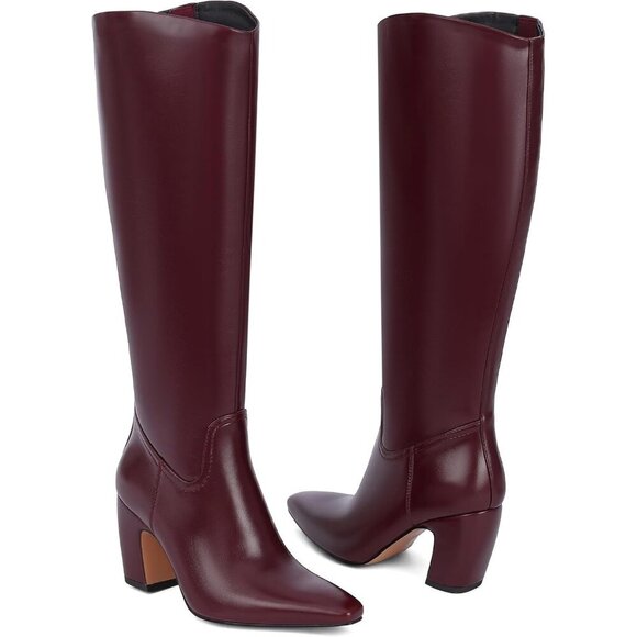 Women Knee High Burgundy Boots Square Toe Chunky Heel Wide Calf Tall Zipper Boot - Picture 7 of 7